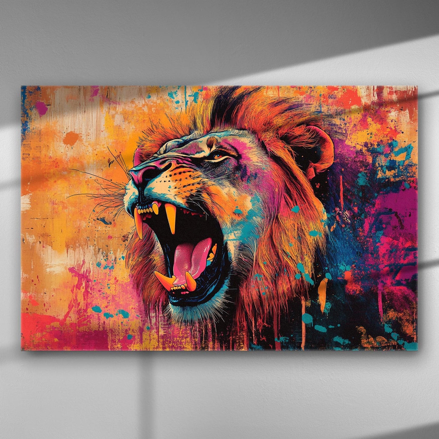 Vibrant abstract lion canvas art with dynamic colors, ideal for modern spaces.