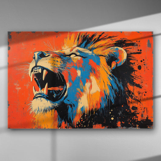 Colorful lion painting on canvas with vibrant red and orange background