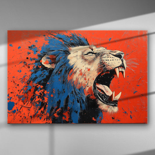 Lion roaring with vibrant blue and orange colors on canvas.