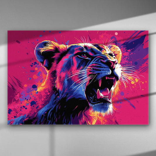 Vivid and colorful painting of a roaring tiger on a canvas.