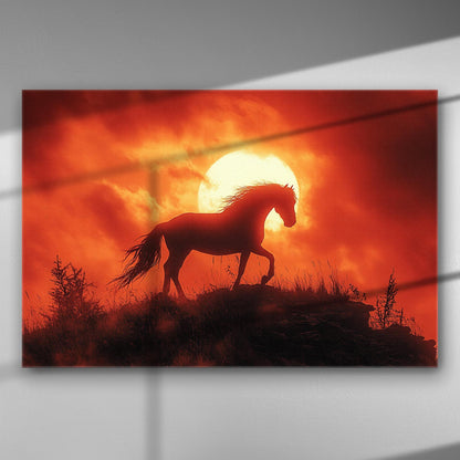 Silhouette of a horse against an orange sunset background, creating an atmospheric natural scene.