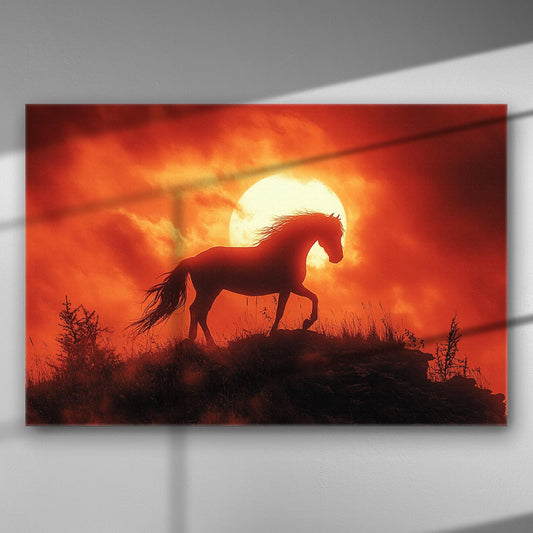 Silhouette of a horse against an orange sunset background, creating an atmospheric natural scene.