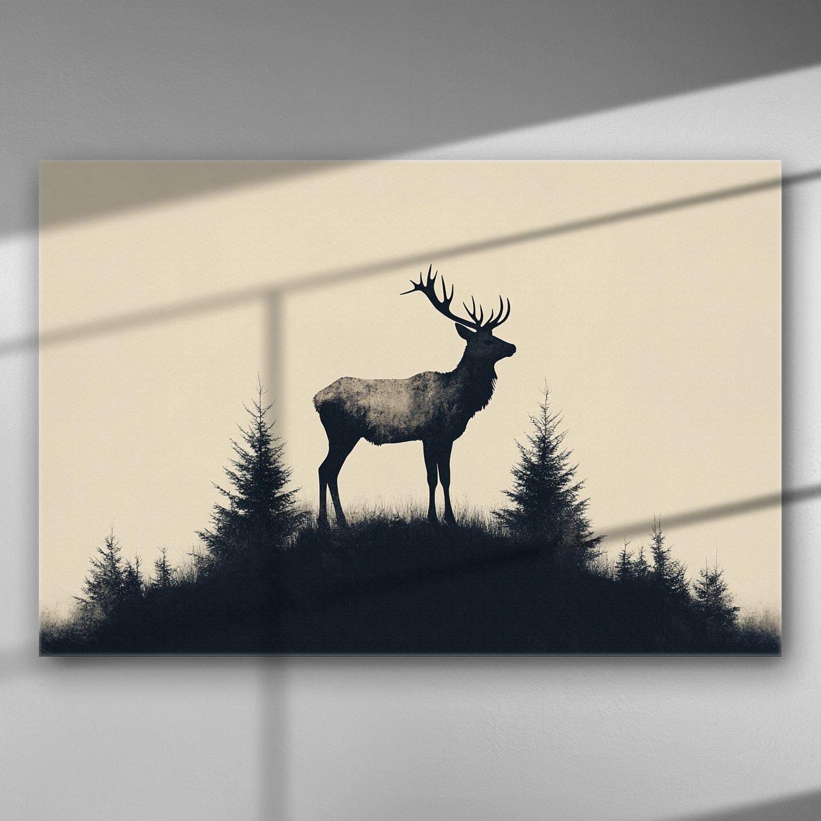 Silhouette of a deer on a hill with trees in the background, minimalist design.