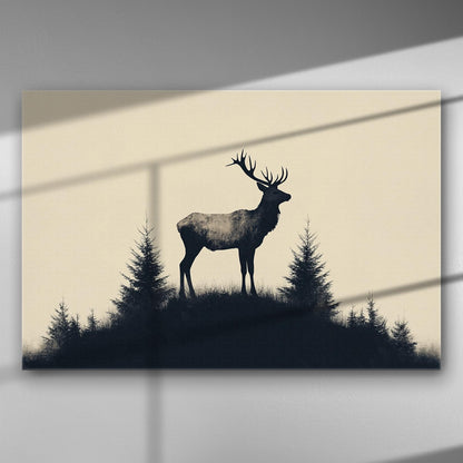 Silhouette of a deer on a hill with trees in the background, minimalist design.