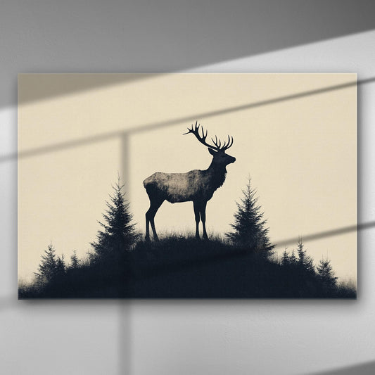 Silhouette of a deer on a hill with trees in the background, minimalist design.