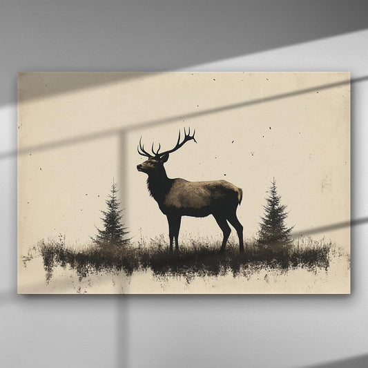 Canvas print showing a silhouette of a stag standing in a grassy forest landscape with trees.
