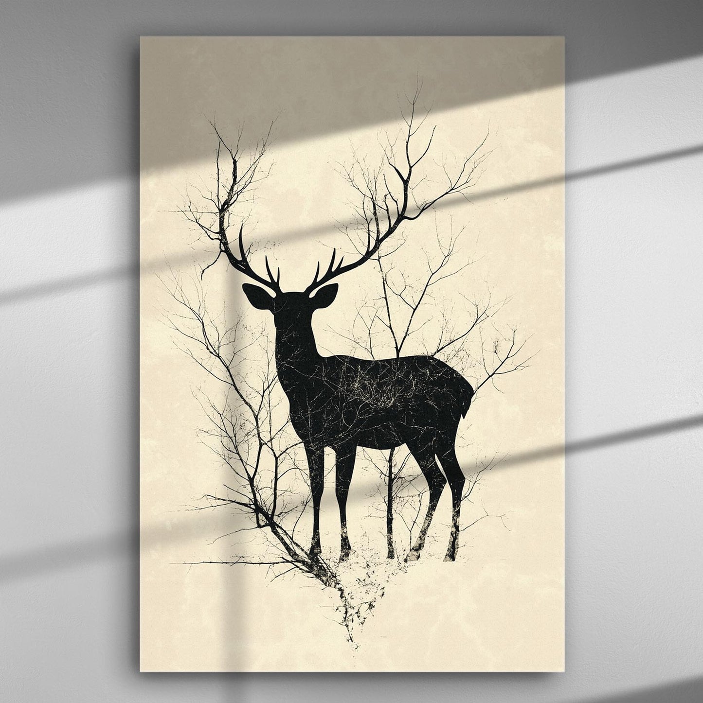 Silhouette of a deer with tree branches on a canvas print, modern art.
