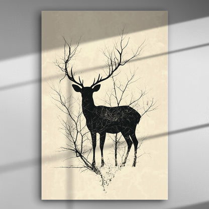Silhouette of a deer with tree branches on a canvas print, modern art.