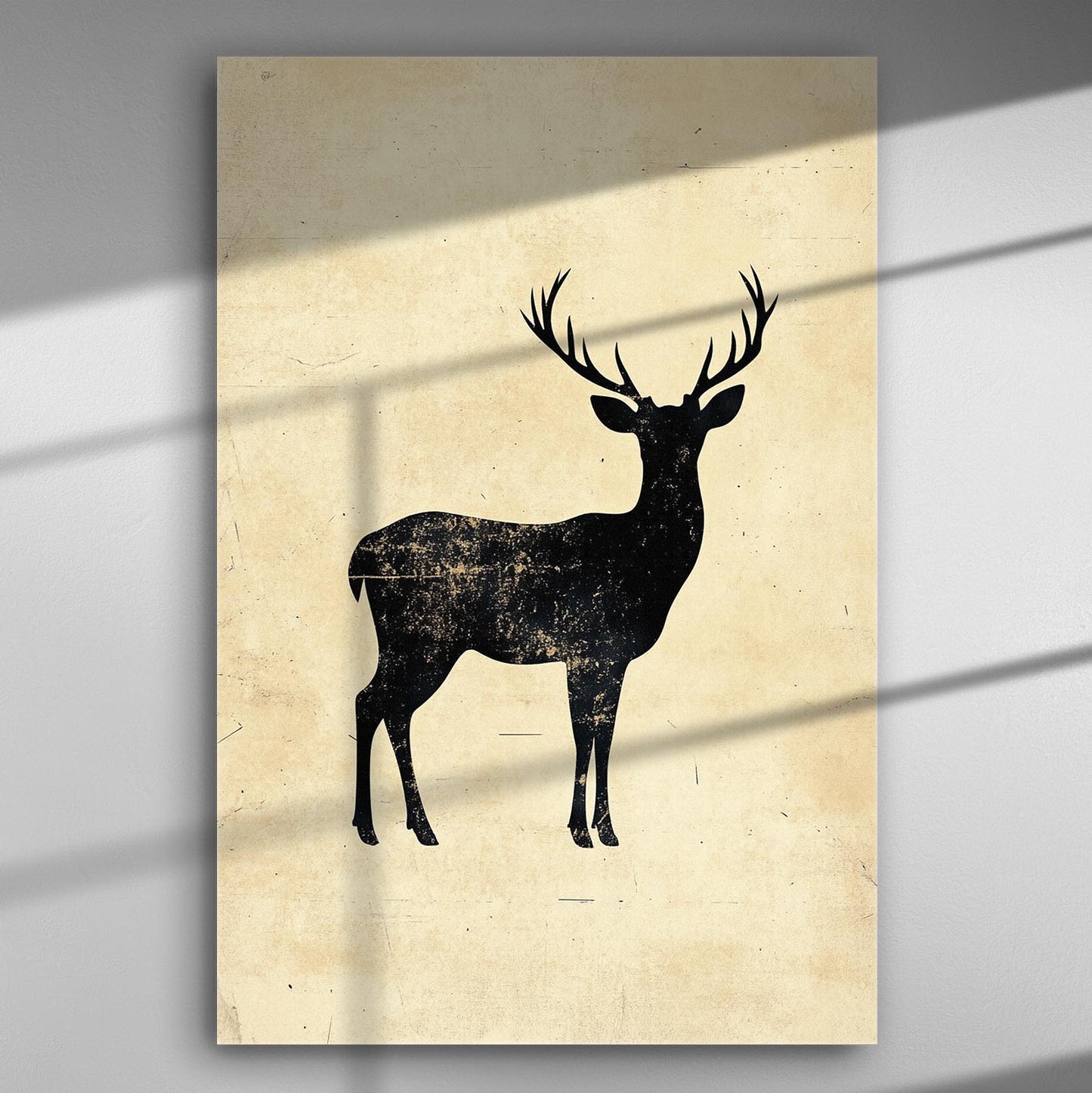 Canvas print with a silhouette of a deer on a soft beige background.