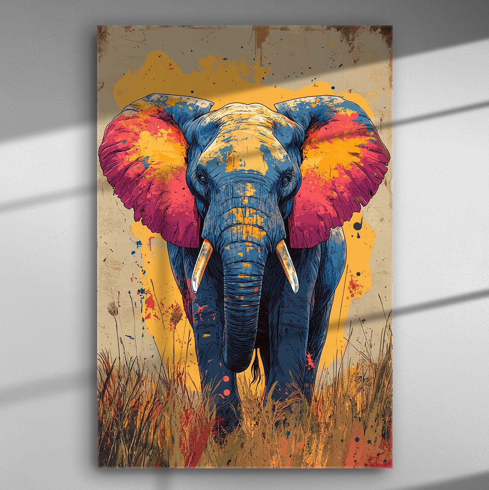 Colorful illustration of an elephant with vivid reds, yellows, and blues on canvas