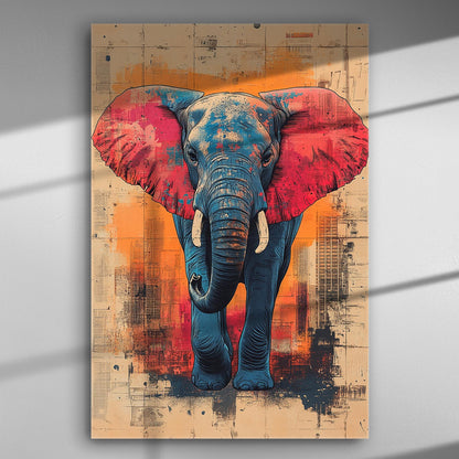 Vibrant elephant illustration on canvas with orange and red hues for wall art.