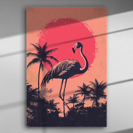 A canvas art featuring a flamingo in front of a pink sun with tropical trees in the background.
