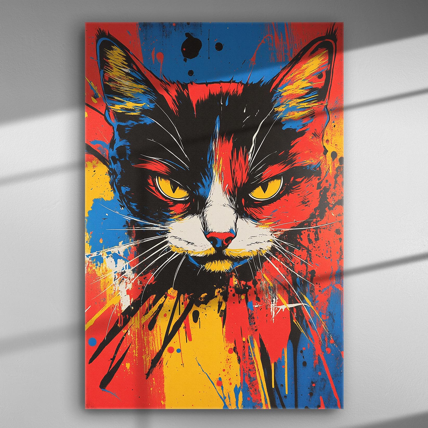 Colorful painting of a cat with intense gaze on a canvas.