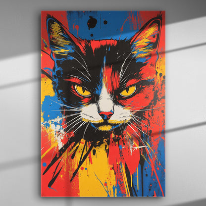 Colorful painting of a cat with intense gaze on a canvas.