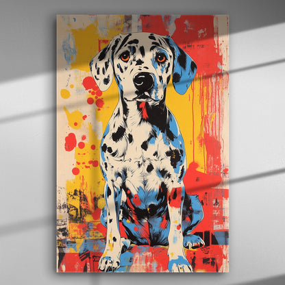 Colorful dalmatian dog painting on canvas with vibrant splashes of red, blue, and yellow