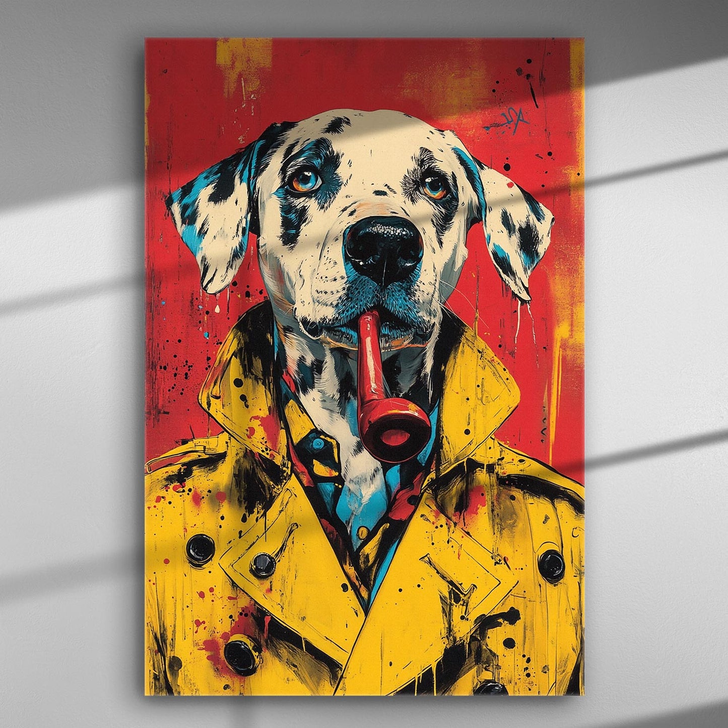 Colorful dog wearing a trench coat with a pipe against a red background on canvas