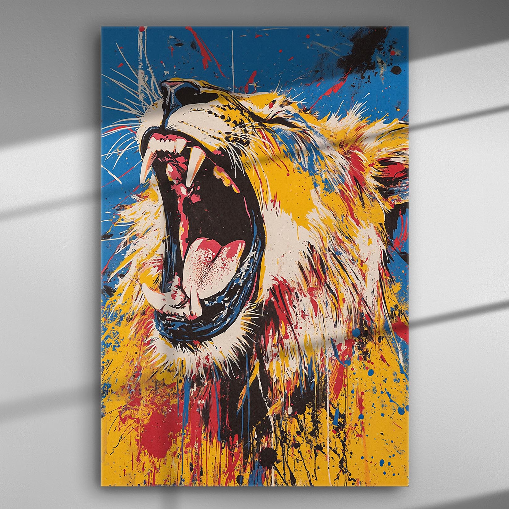 Vibrant lion with an open mouth on a colorful canvas background.