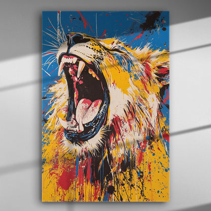 Vibrant lion with an open mouth on a colorful canvas background.