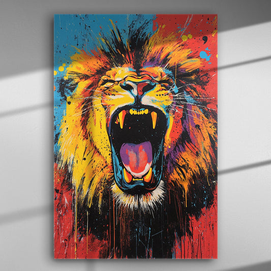 A vibrant, abstract painting of a roaring lion in bold colors.
