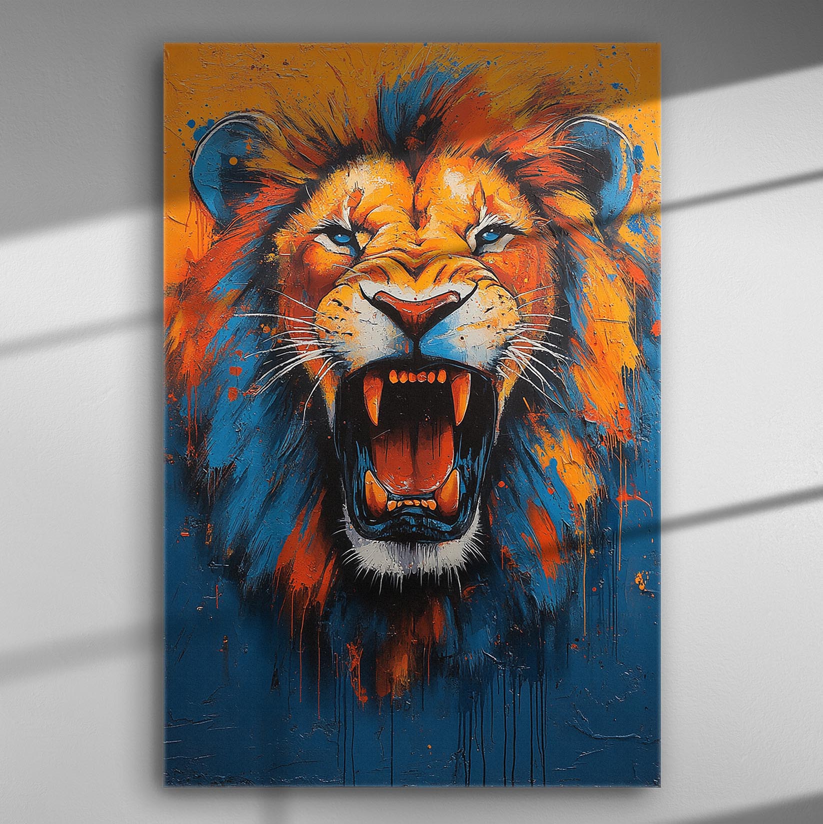 Vivid lion roaring with bold orange and blue colors on canvas.