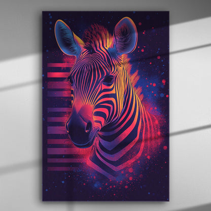Neon zebra canvas art with bright colors on a dark background