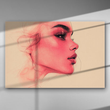 A canvas print featuring a detailed pink-toned profile of a woman, conveying elegance and modernity.