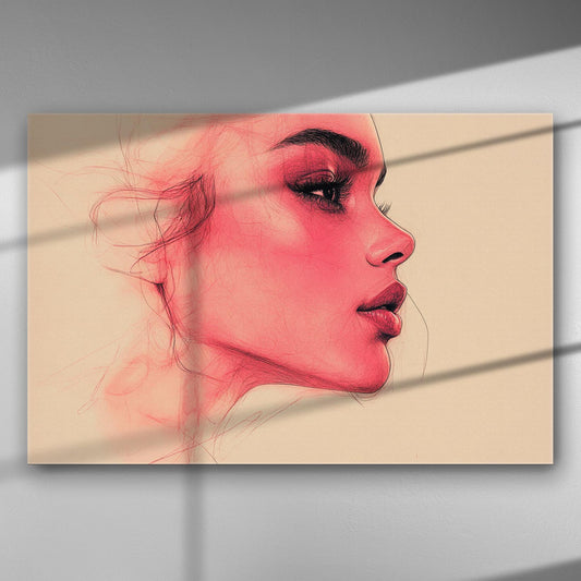 A canvas print featuring a detailed pink-toned profile of a woman, conveying elegance and modernity.
