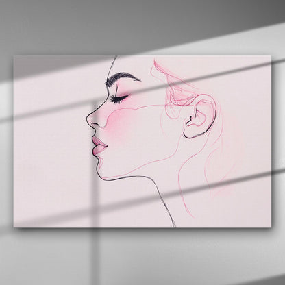 Side profile line drawing of a woman's face with pink blush on canvas.
