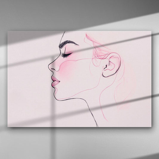 Side profile line drawing of a woman's face with pink blush on canvas.