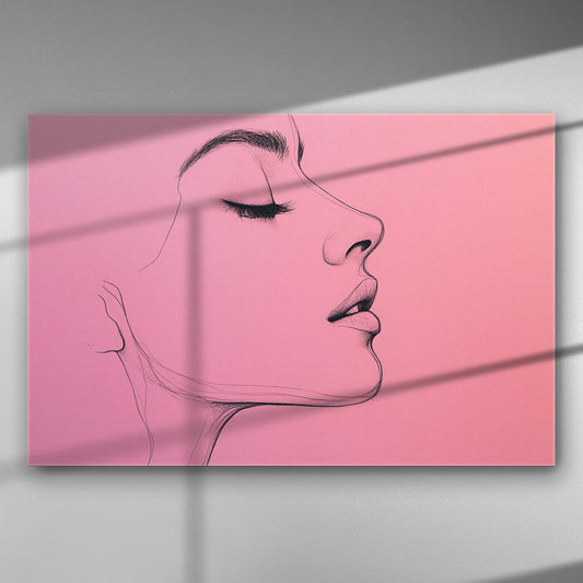 Portrait of a woman's profile in a minimalist line art style on a pink background canvas.