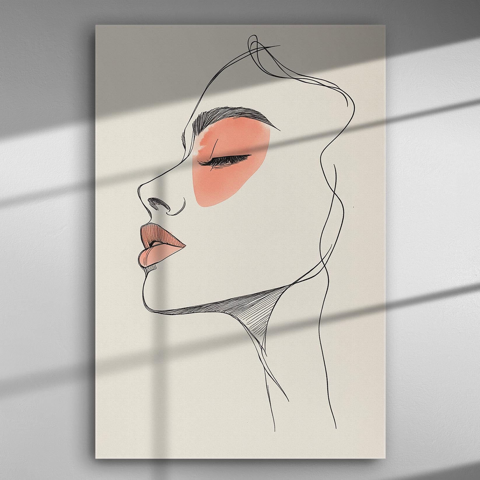Abstract profile portrait of a woman's face with minimalist lines and peach tones.