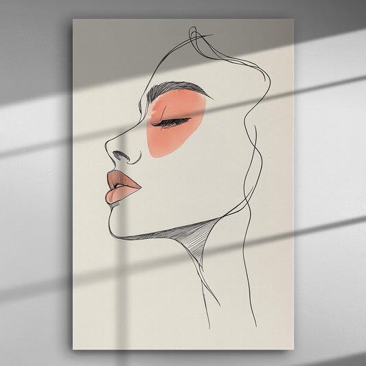 Abstract profile portrait of a woman's face with minimalist lines and peach tones.