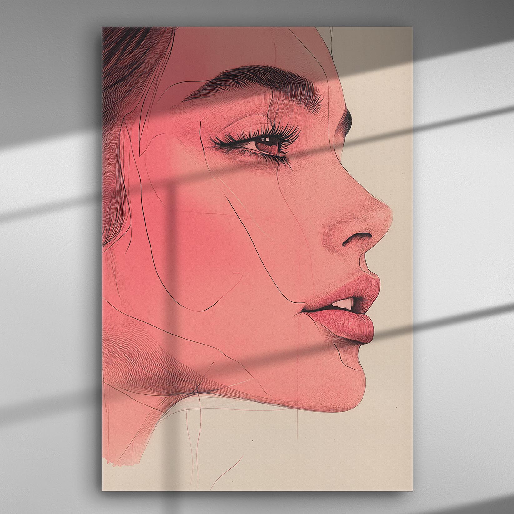 Profile view of a woman's face in pink tones on a canvas.