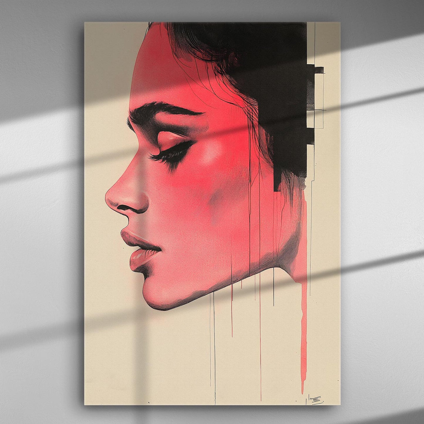 A side profile of a woman's face in shades of red, artistic and modern canvas print.