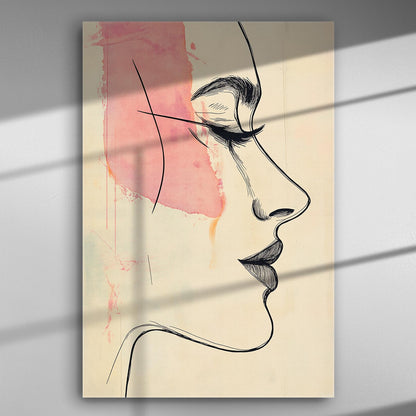 Abstract line art portrait of a woman's profile with pink watercolor background on canvas.