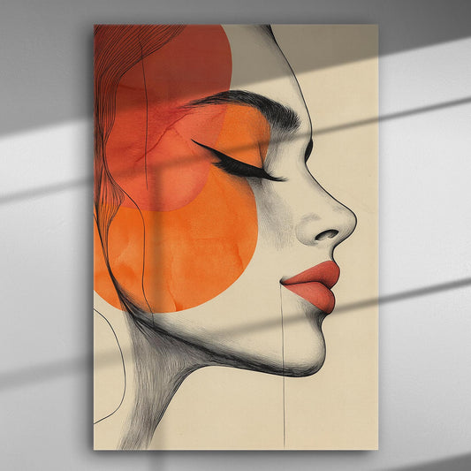 Profile of a woman's face with orange and red abstract elements on canvas.