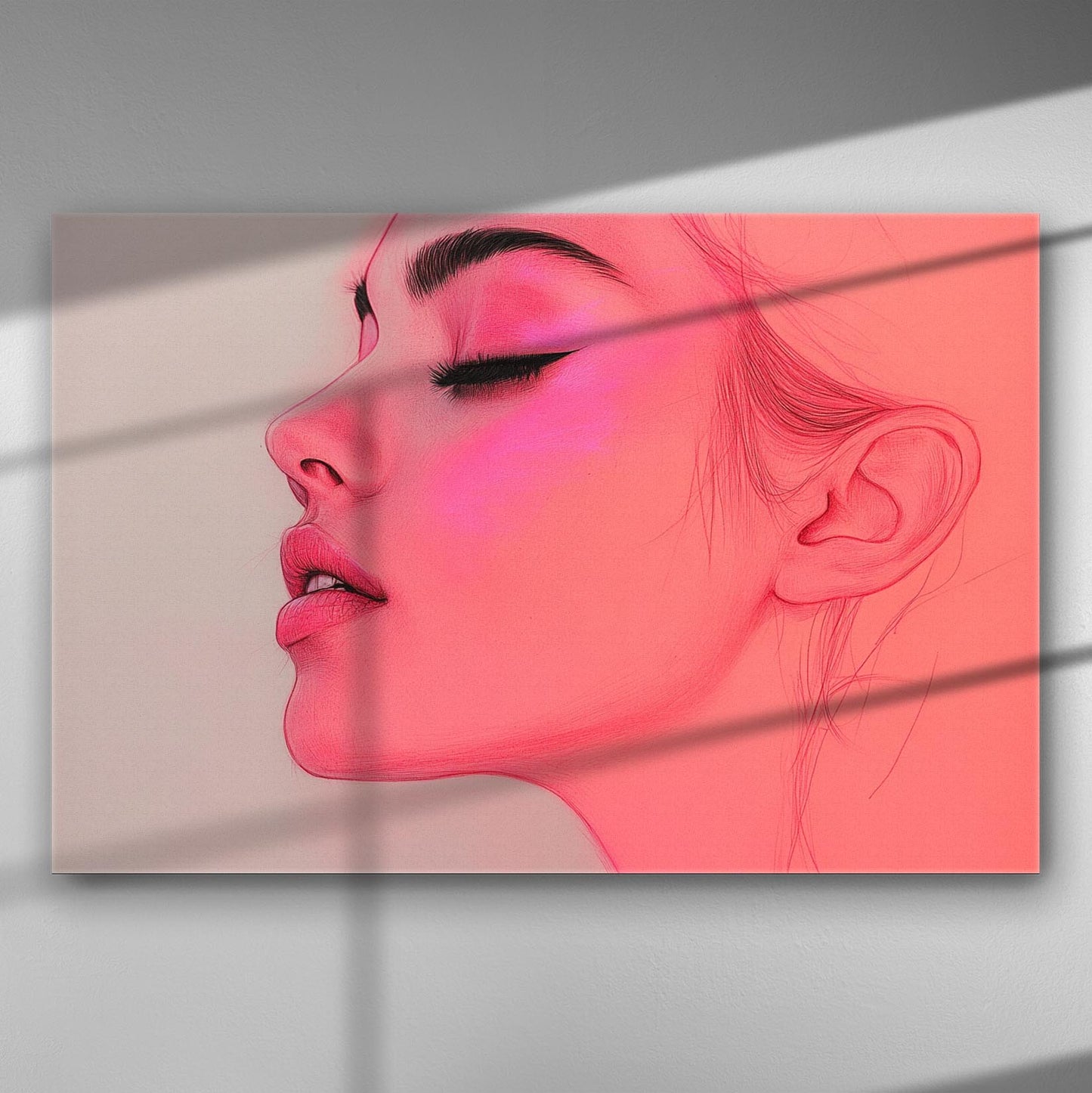 Side profile of a woman's face in soft pink hues on canvas.