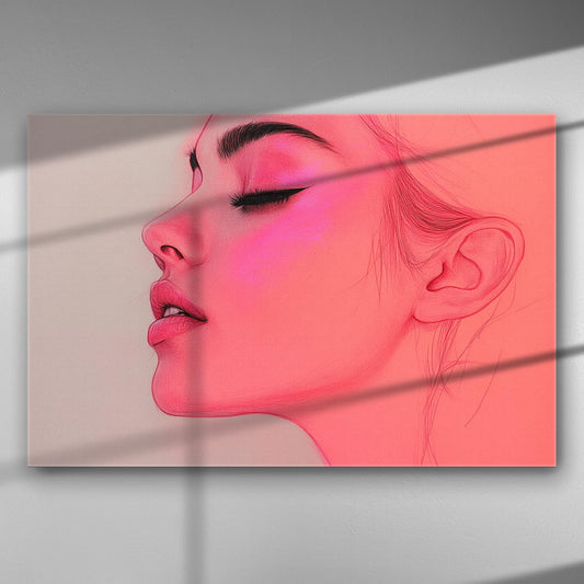 Side profile of a woman's face in soft pink hues on canvas.