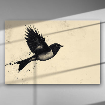 Black and white artwork of a bird in flight on canvas