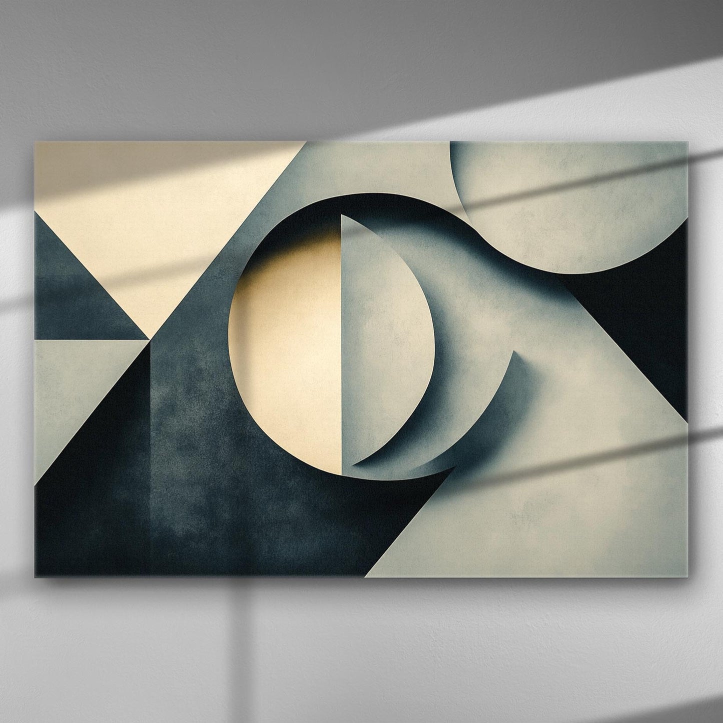 Abstract geometric print in grey tones on canvas.