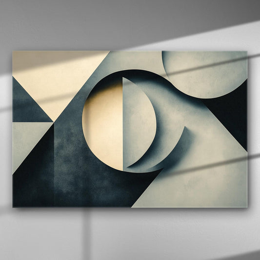 Abstract geometric print in grey tones on canvas.