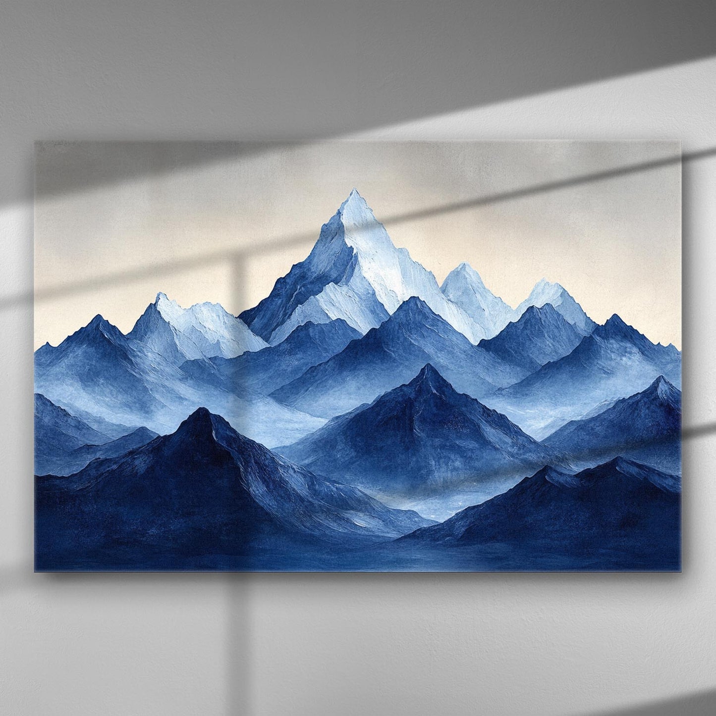Canvas print of a serene mountain landscape in blue hues.