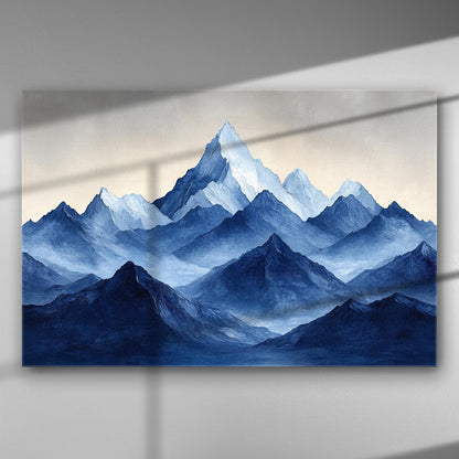 Canvas print of a serene mountain landscape in blue hues.