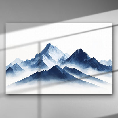Serene mountain panorama canvas print featuring misty peaks in blue and grey hues.