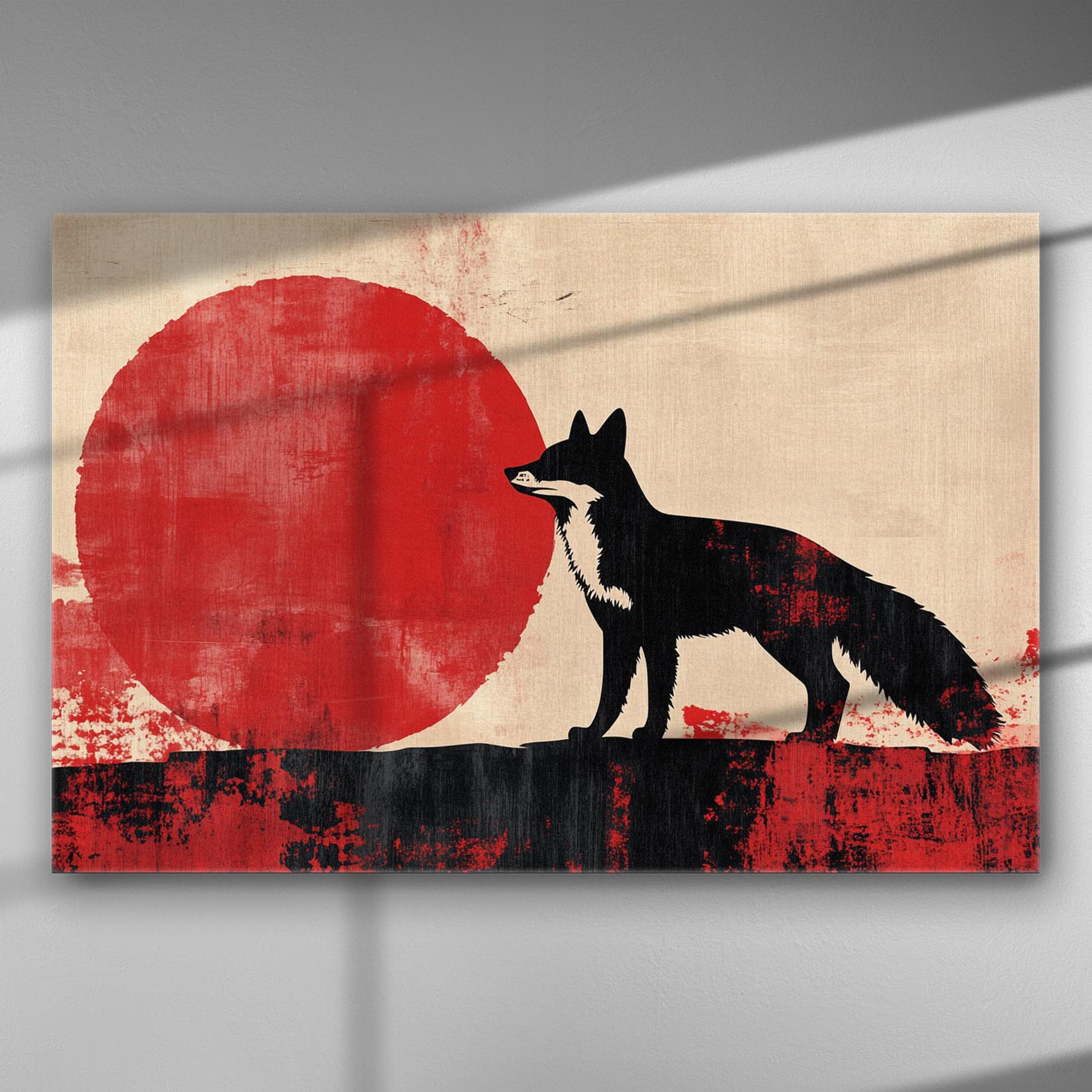 A silhouette of a fox in front of a bold red sun on canvas