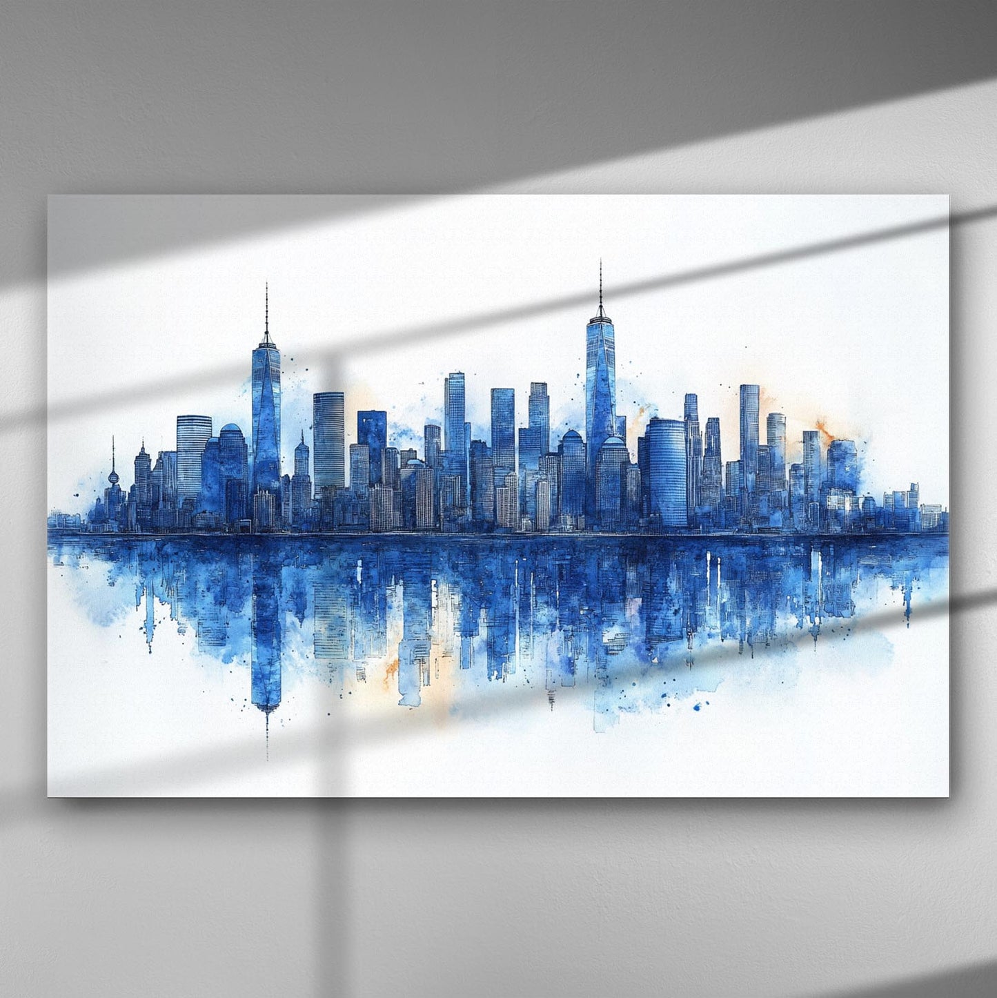 Blue urban skyline canvas print with reflection effect.