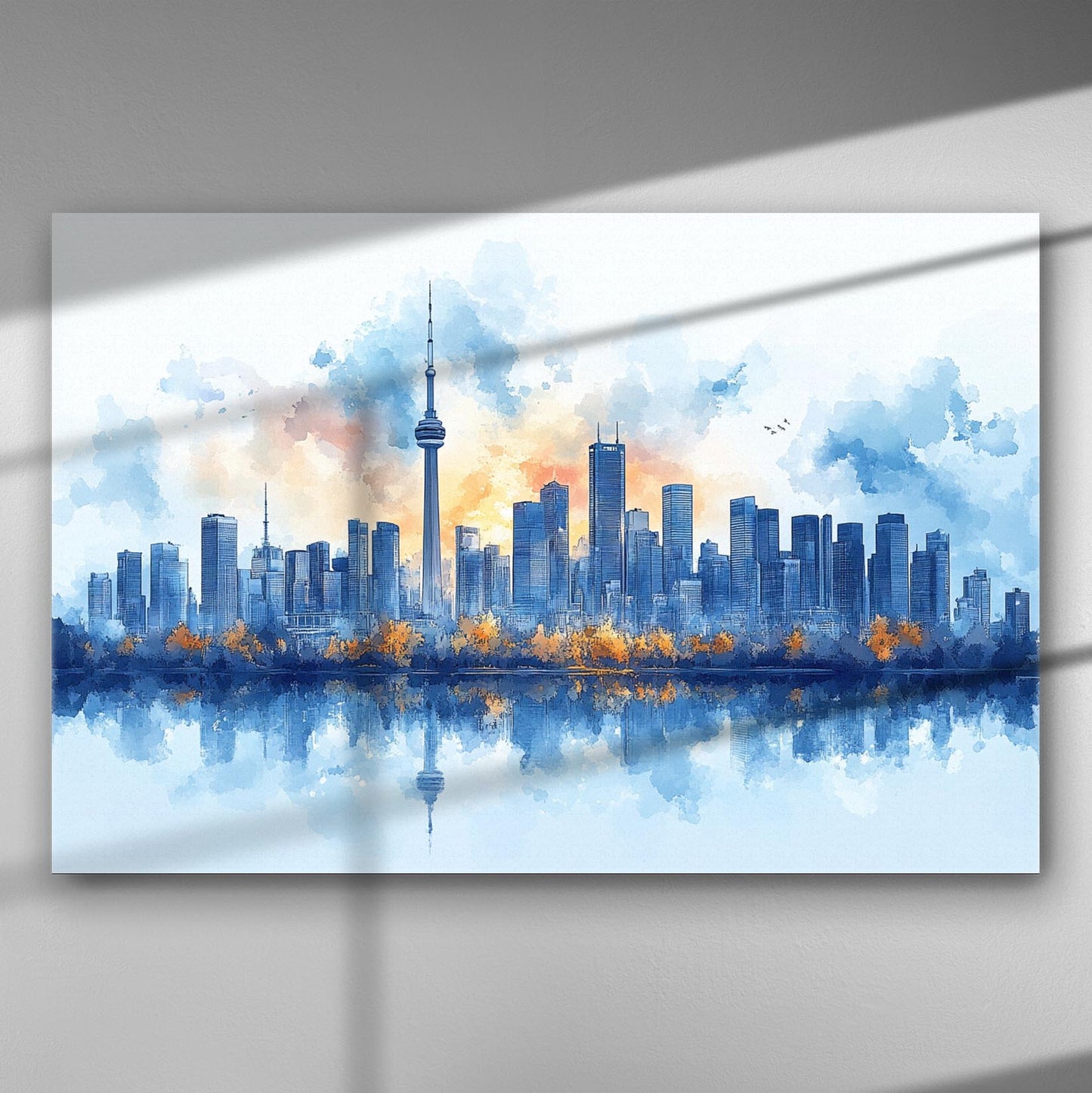 Canvas print of a city skyline with blue and orange hues reflecting on water, depicting a serene urban landscape.