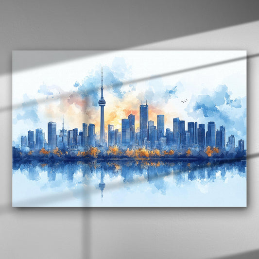 Canvas print of a city skyline with blue and orange hues reflecting on water, depicting a serene urban landscape.