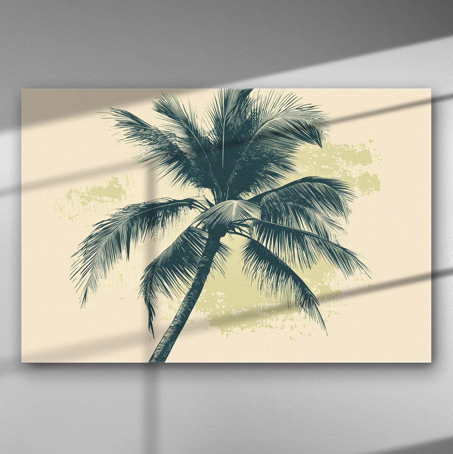 Canvas with a tropical palm tree design, featuring a detailed coconut palm against a subtle green background.