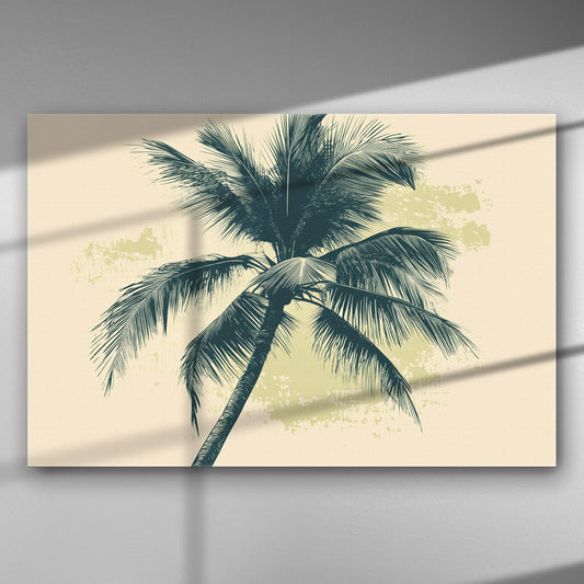Canvas with a tropical palm tree design, featuring a detailed coconut palm against a subtle green background.
